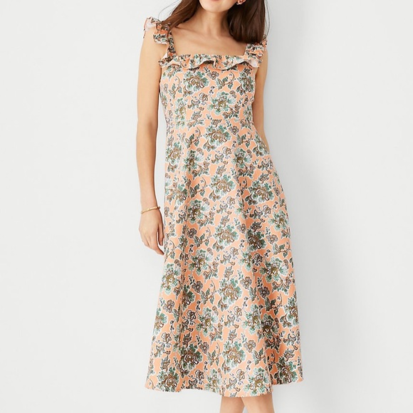 Ann Taylor Floral Cotton Linen Ruffle Square Neck Flare Dress —Size US 6, Unworn - Picture 2 of 2